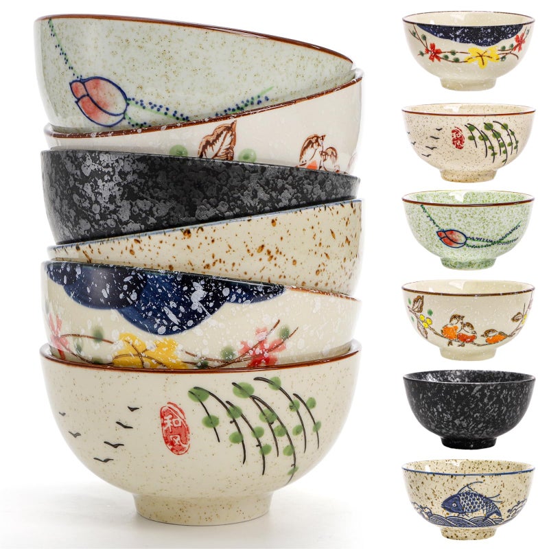 Nagpew 6 Pack Retro Ceramic Bowls, 4.5 Inch Japanese Chinese Bowl, 11 Oz Serving Dinner Set for Cereal, Salad, Dessert, Ice Cream, Rice, Noodles, Soup, Fruit, Dishwasher Microwave Safe - Image 1