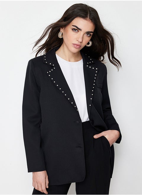 Black Collar Stone Detailed Woven Jacket TCTSS24CK00004