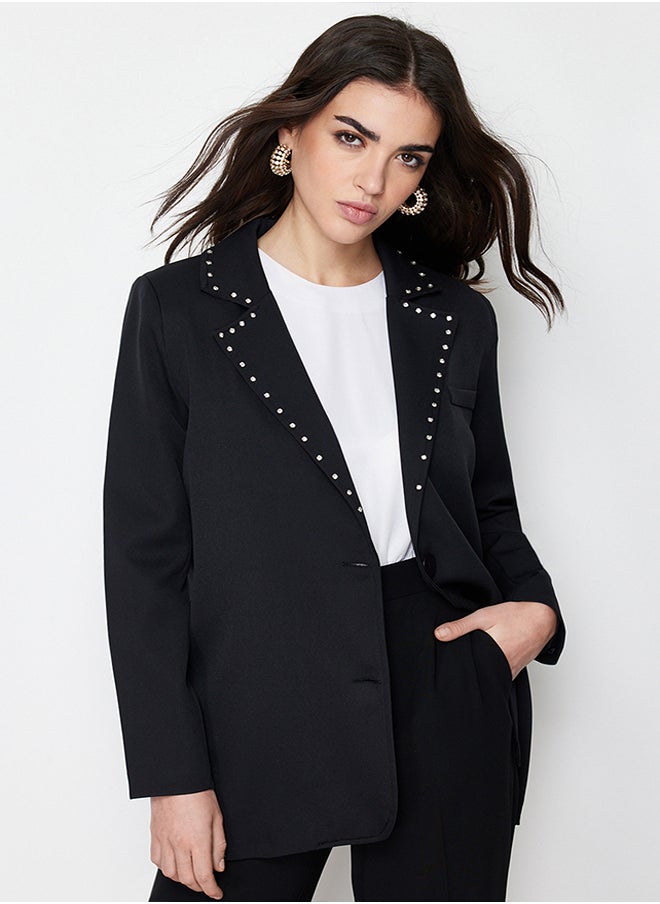 Black Collar Stone Detailed Woven Jacket TCTSS24CK00004