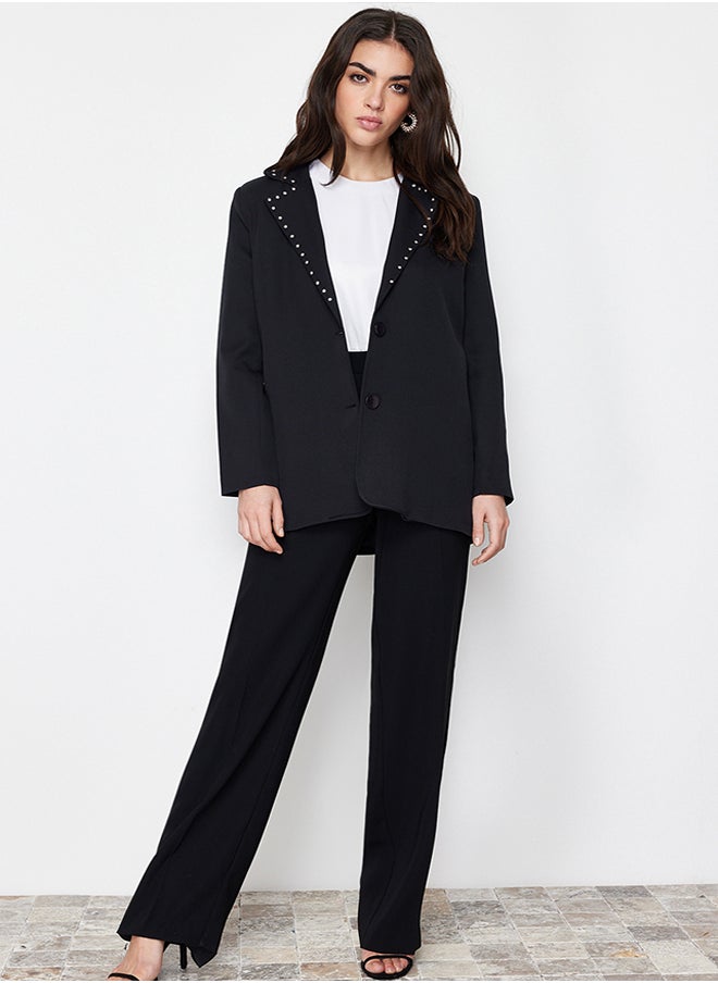 Black Collar Stone Detailed Woven Jacket TCTSS24CK00004
