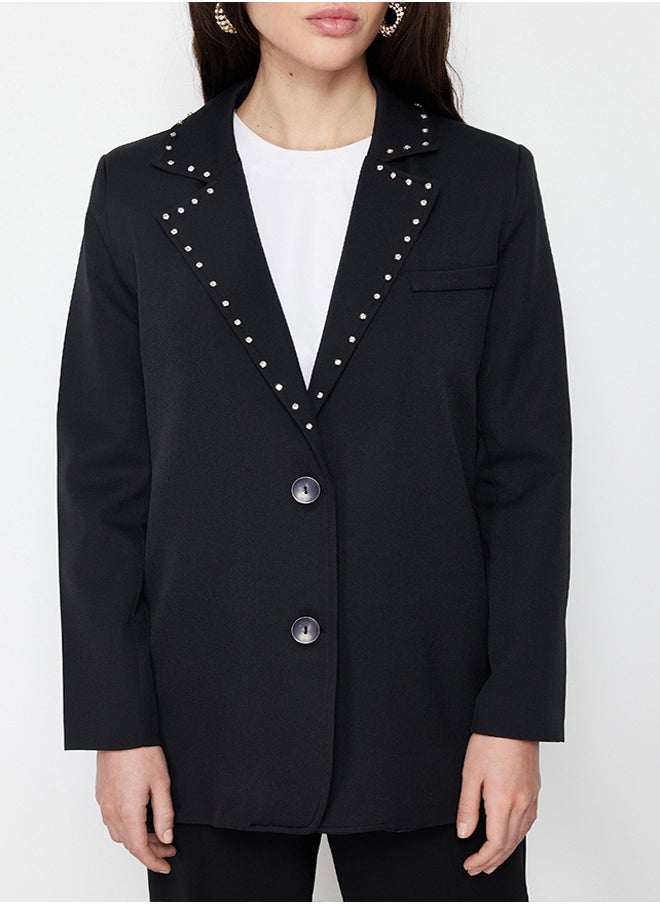 Black Collar Stone Detailed Woven Jacket TCTSS24CK00004