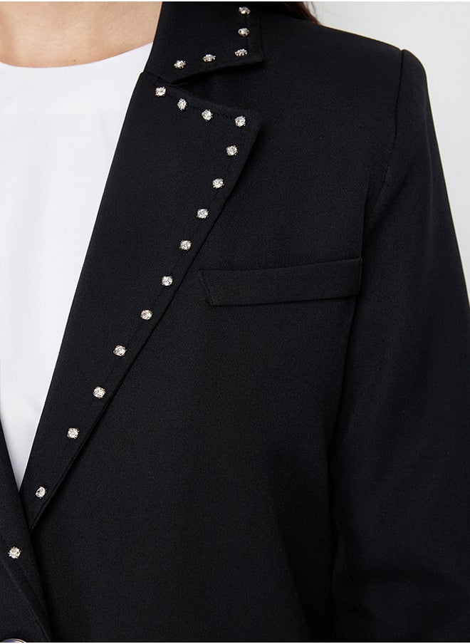 Black Collar Stone Detailed Woven Jacket TCTSS24CK00004
