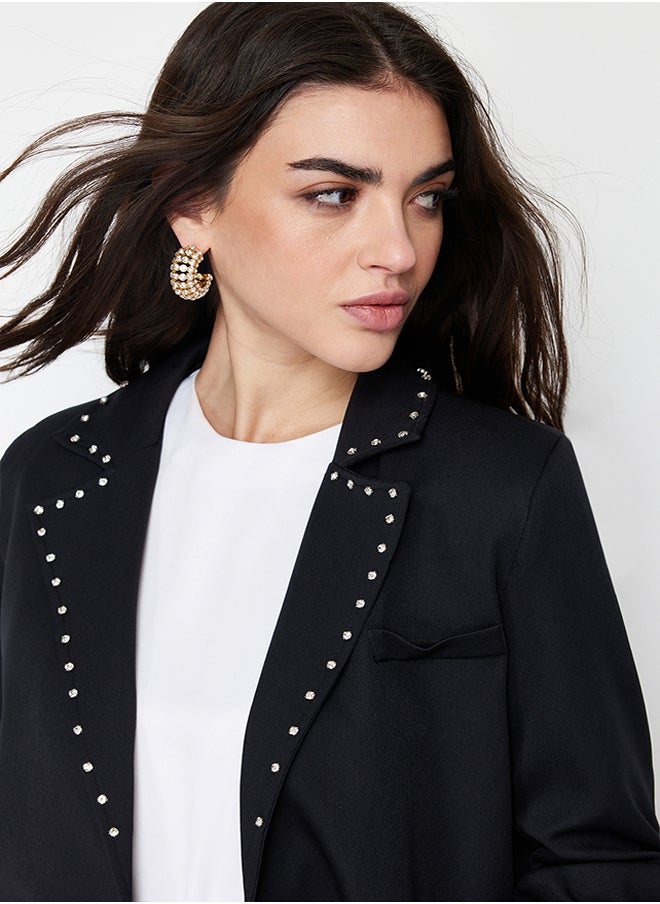 Black Collar Stone Detailed Woven Jacket TCTSS24CK00004