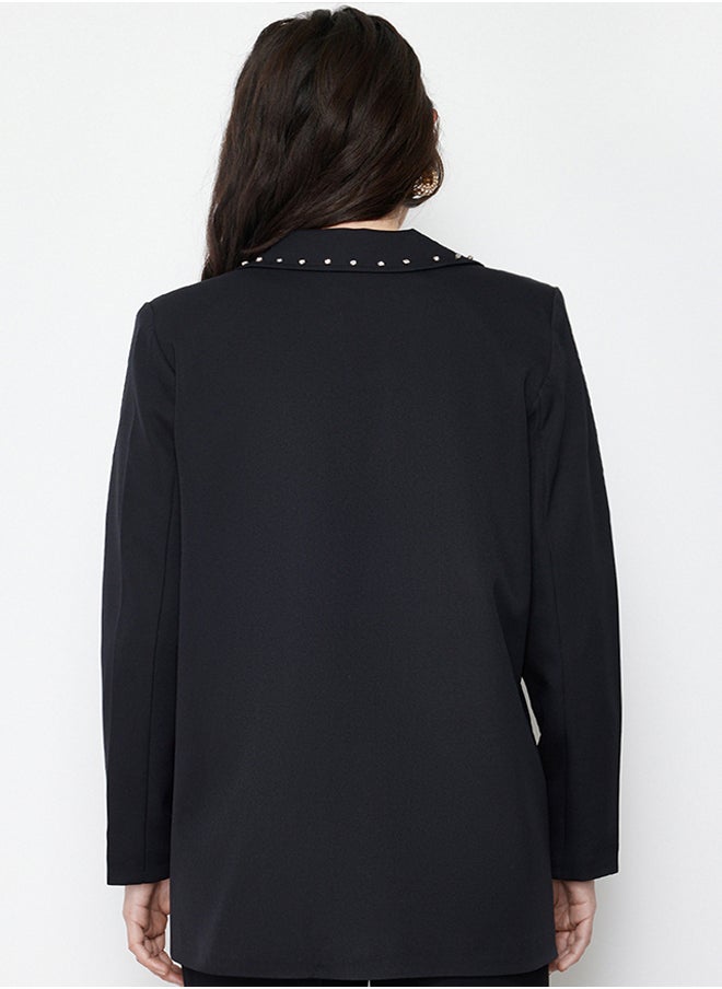 Black Collar Stone Detailed Woven Jacket TCTSS24CK00004