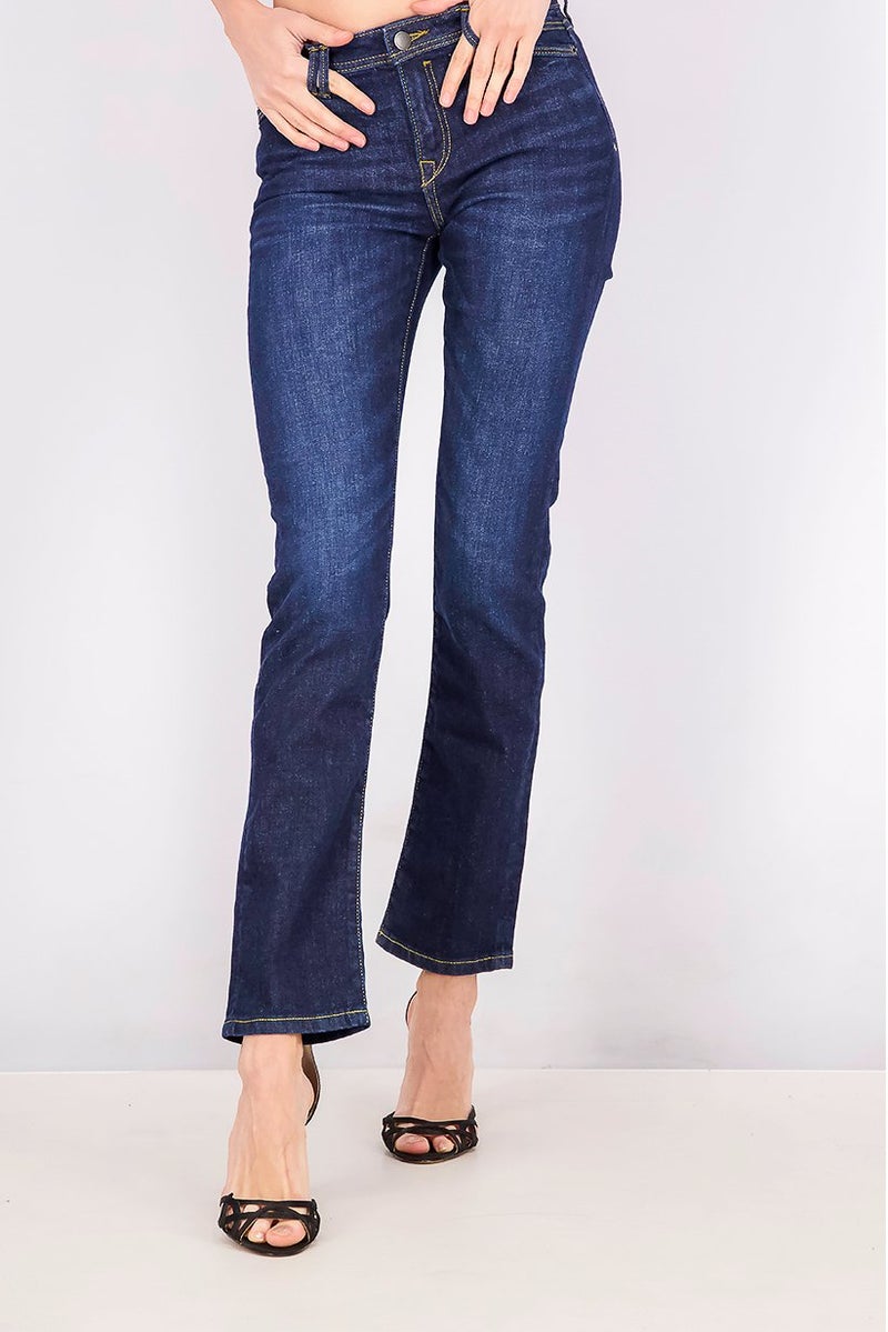 EDC Women Straight Fit Plain Belted Jeans, Navy - Image 1