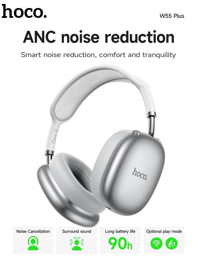 Hoco W55 Plus ANC Noise Reduction Bluetooth Headphones silver - Image 1
