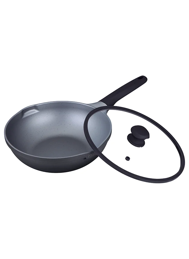 برستيج Prestige Essential Cast Aluminum black 28cm Wok with Glass Lid | Non Stick Induction-Based Wok Pan with Lid