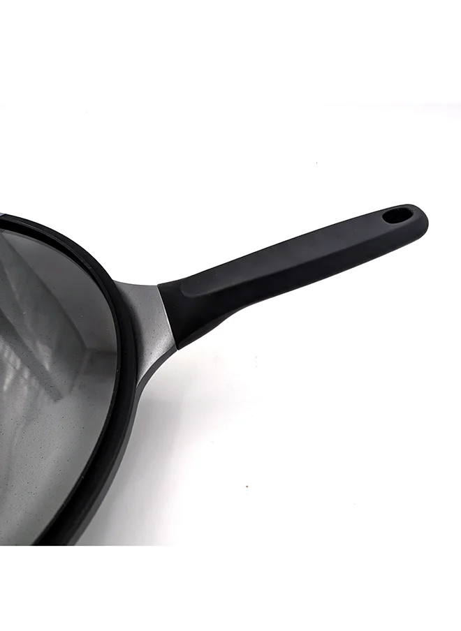 برستيج Prestige Essential Cast Aluminum black 28cm Wok with Glass Lid | Non Stick Induction-Based Wok Pan with Lid