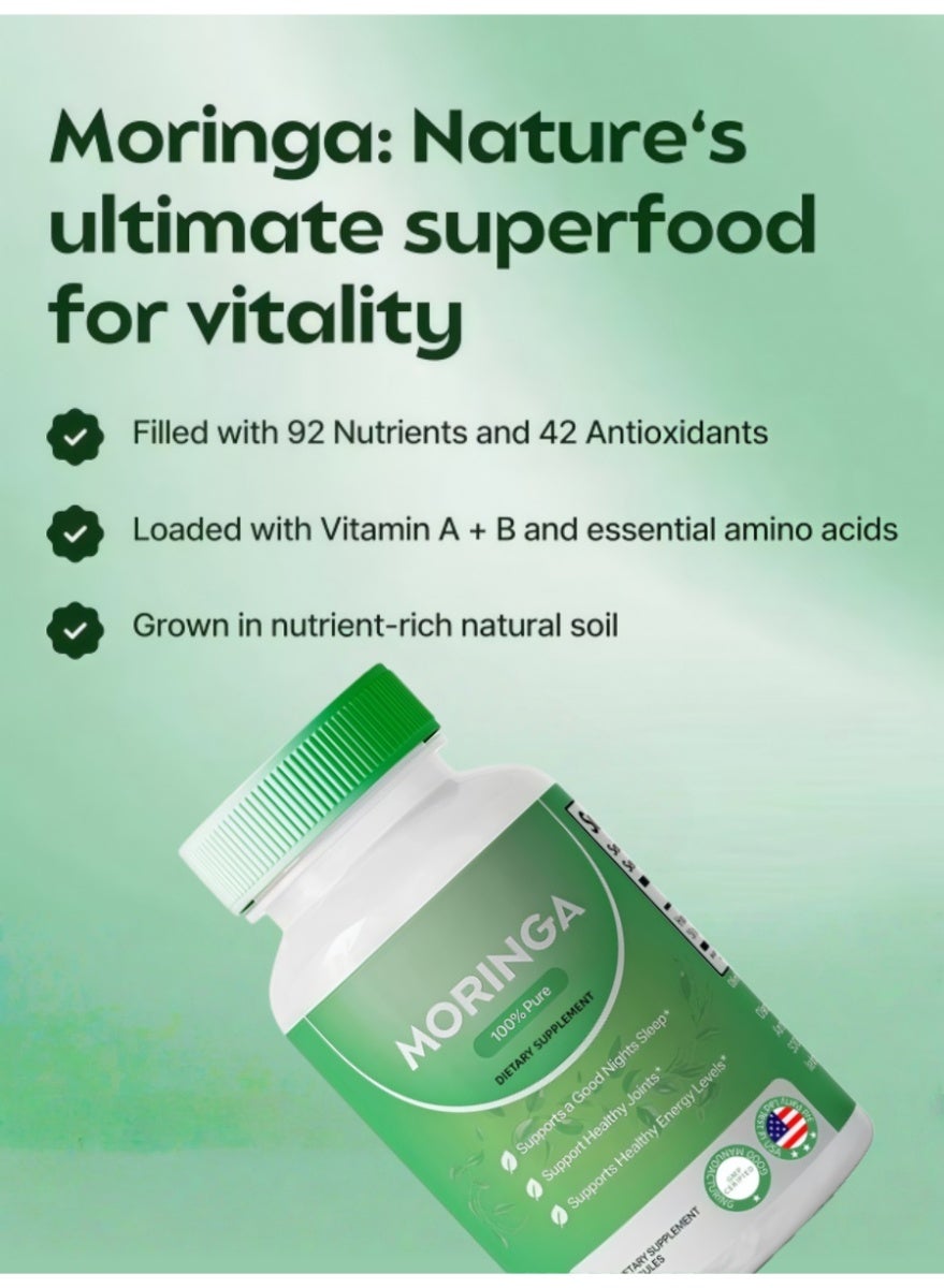 Pure Moringa Powder Capsules – 60 Count, Natural Nutrient-Rich Green Supplement (Made In USA)