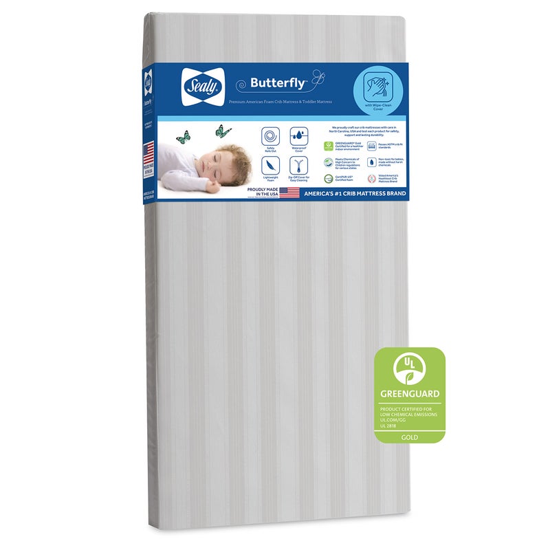 SEALY BABY Sealy Baby Butterfly Crib Mattress plus Toddler Bed Fit Premium American Foam Washable Easy to Clean Zip Off Cover GREENGUARD Gold Certified Safety Quality Tested Made in USA 52X28 Stripes 