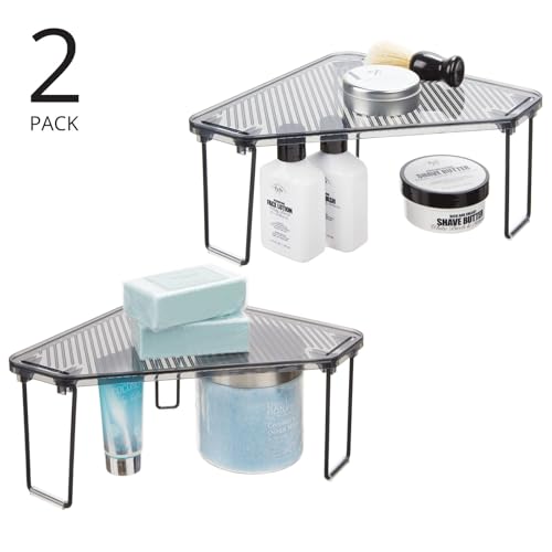mDesign PlasticSteel Corner Stackable Rack Storage Organizer Shelf for Bathroom Vanity Countertop Sink Cabinet Holds Makeup Shower Accessories Ligne Collection 2 Pack BlackSmoke Gray - Image 3