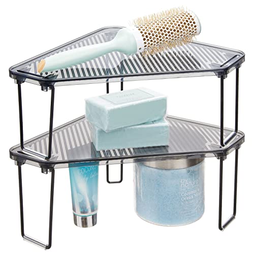 mDesign PlasticSteel Corner Stackable Rack Storage Organizer Shelf for Bathroom Vanity Countertop Sink Cabinet Holds Makeup Shower Accessories Ligne Collection 2 Pack BlackSmoke Gray - Image 1