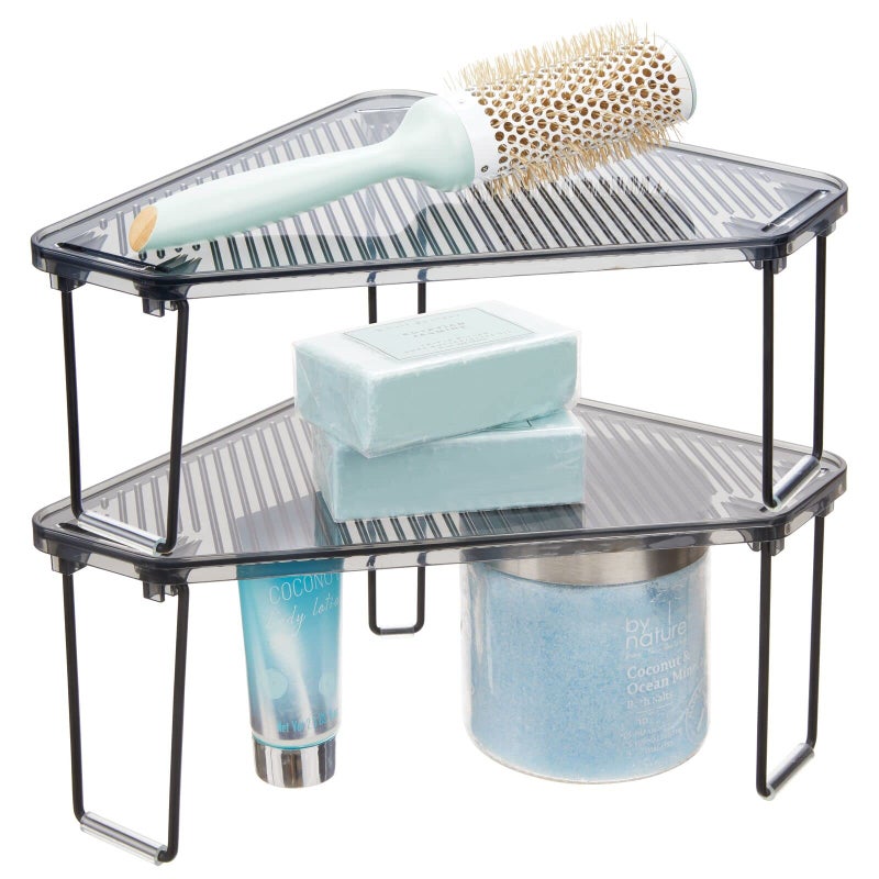 mDesign PlasticSteel Corner Stackable Rack Storage Organizer Shelf for Bathroom Vanity Countertop Sink Cabinet Holds Makeup Shower Accessories Ligne Collection 2 Pack BlackSmoke Gray - Image 2
