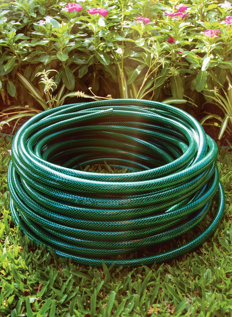 خرطوم حديقة فليكس بطول 10 متر باللون الأخضر ومصنوع من 3 طبقات من البولي فينيل كلورايد (PVC) مع حبل بوليستر مضفور وموصلات ملولبة ورشاش