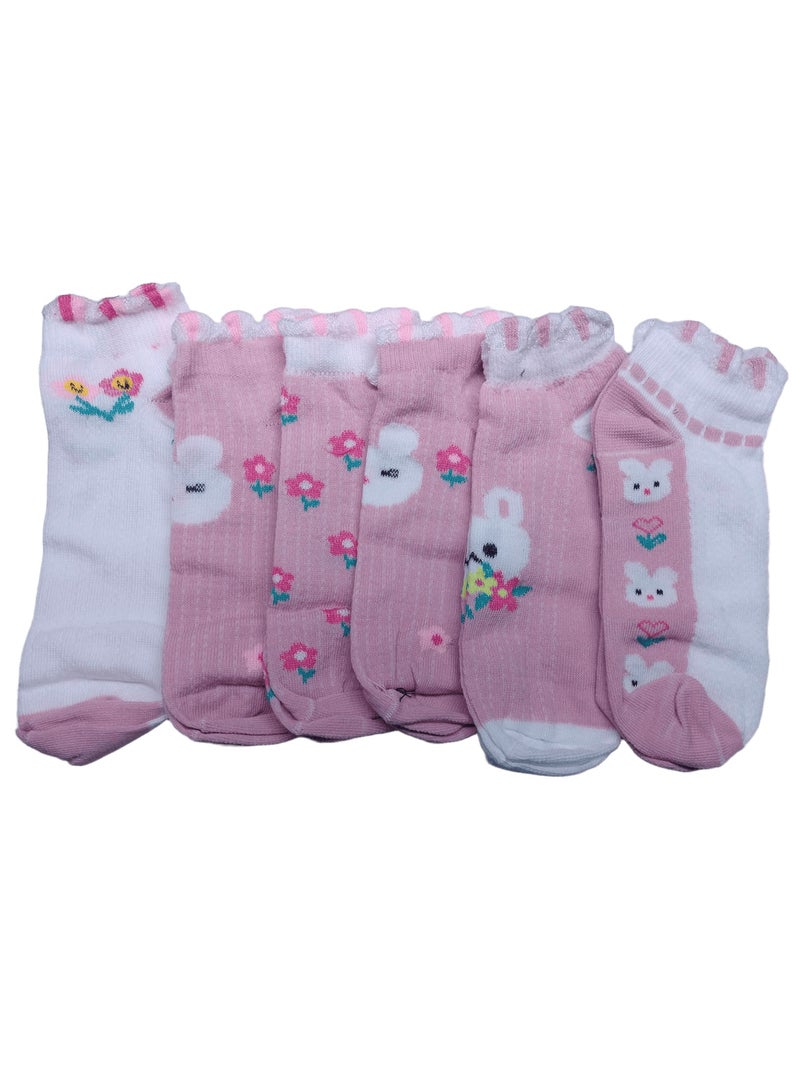 "SMARTEDGE Women's Stylish Floral and Bunny Design Short Summer Socks, Very Chic, 6-Pair Set in Assorted Colors. Trendy design for women and girls, size Large.