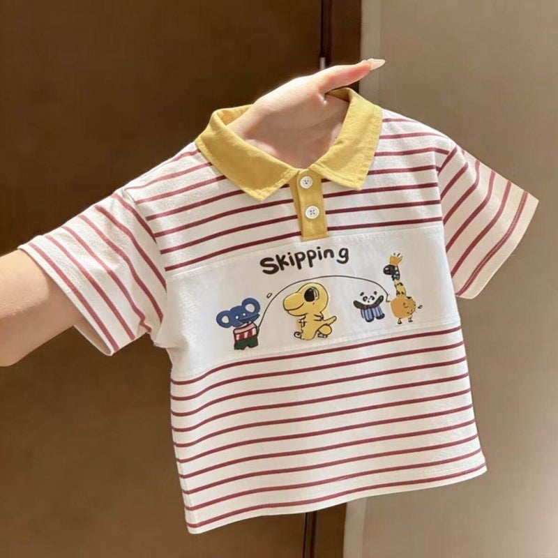 2026 Summer Korean Style Boys Kids Striped Polo T-Shirt with Cute Cartoon Patch, Collared Top - Image 2