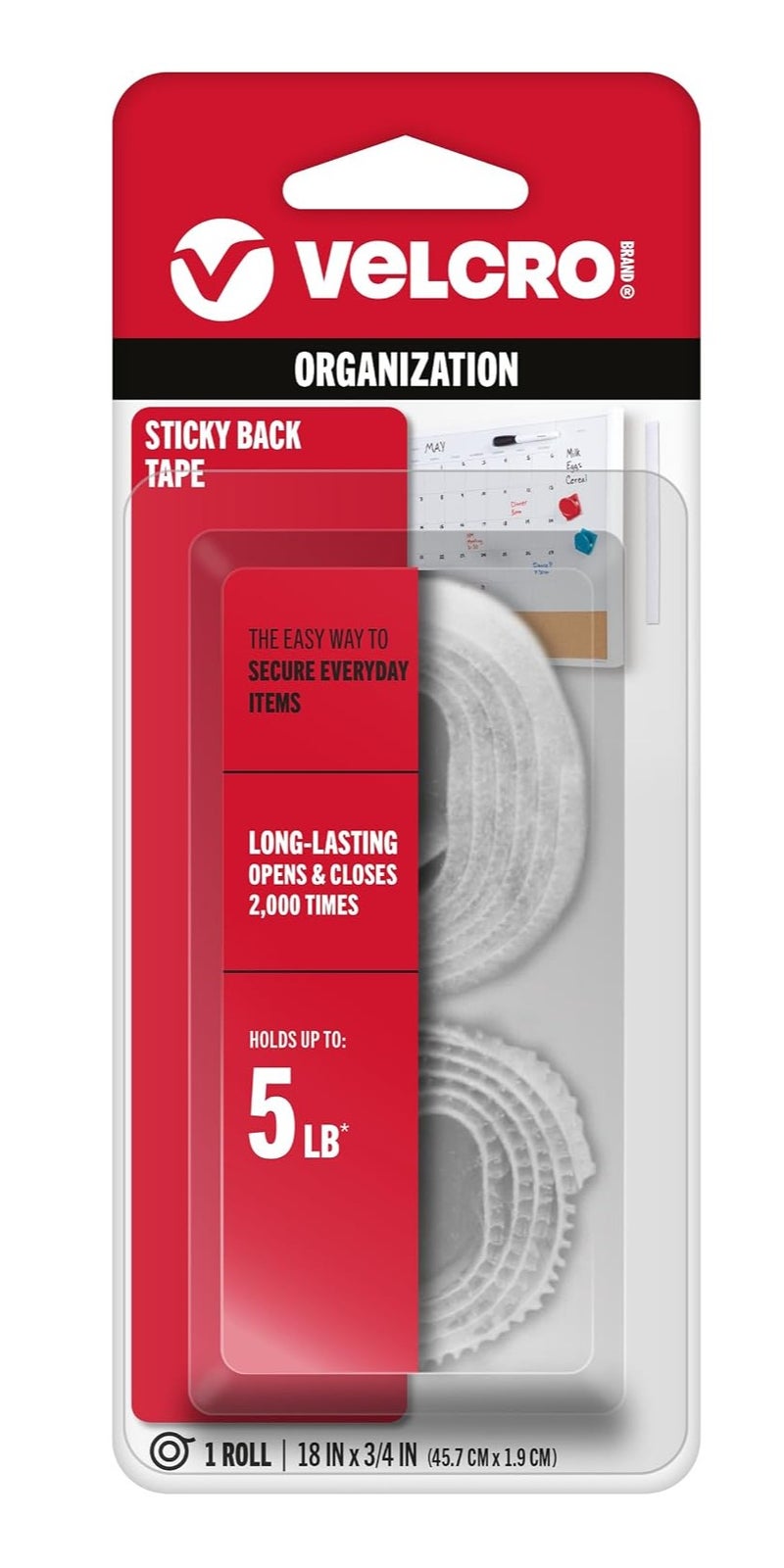Velcro Sticky Back Tape, White Reclosable Fastener Roll, 18 in x 3/4 in / 45.7 cm x 1.9 cm, for Home Organization, Securing Everyday Items, Holds up to 5 lb - Image 1