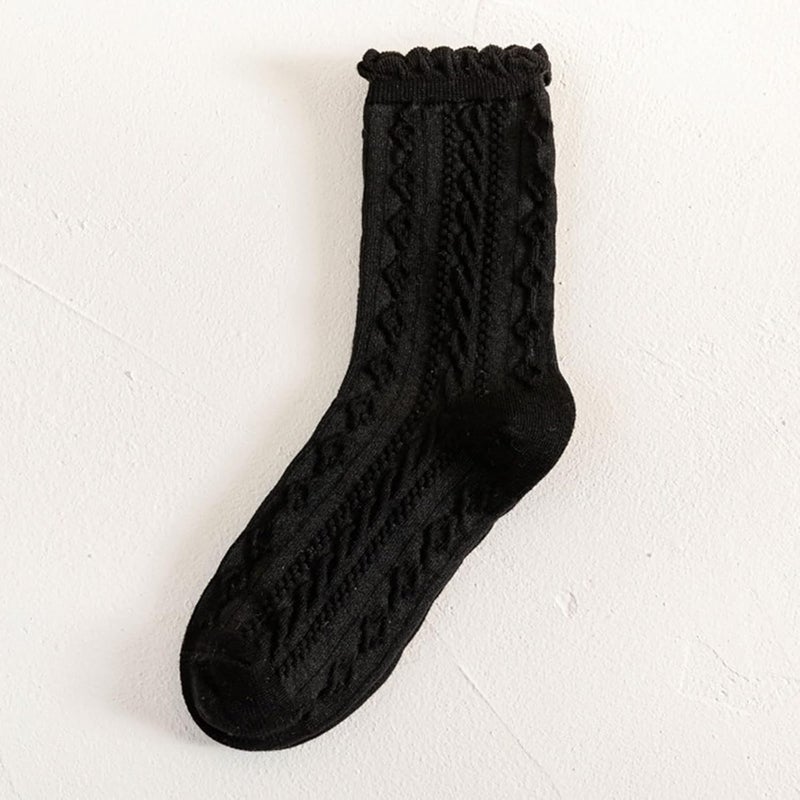 Women Cotton Crew Socks Knit Casual Socks Ruffle Frilly Striped Pattern Ankle Socks Student Tube Socks - Image 2