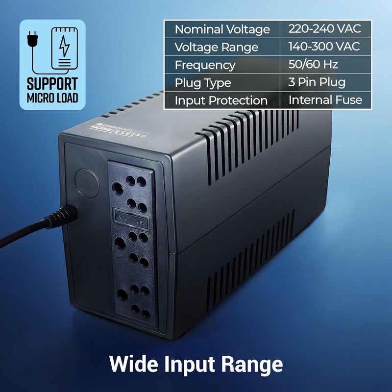 ZEBRONICS نظام UPS تفاعلي خطي MLS755، 600VA / 360W، يعتمد على المتحكم الدقيق، يدعم الحمل الصغير، يوفر الطاقة الاحتياطية والحماية لمكتب المنزل، الكمبيوتر المكتبي، أجهزة التوجيه والإلكترونيات المنزلية - Image 2