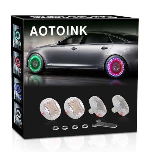 AOTOINK Car Wheel Tire Lights, 4Pcs Solar LED Car Wheel Nozzle Air Valve Cap Light with Motion Sensors Flash Colorful RGB Warning Decorative Neon LED for Cars Motorcycles Bicycles - Image 1