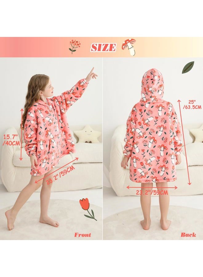 lasoftan Kids Wearable Blanket, Toddler Sherpa Sweatershirt Hoodie with Front Pocket Comfy Warm Hugs, Pink Mushroom & Flower, 2-6 years - Image 2