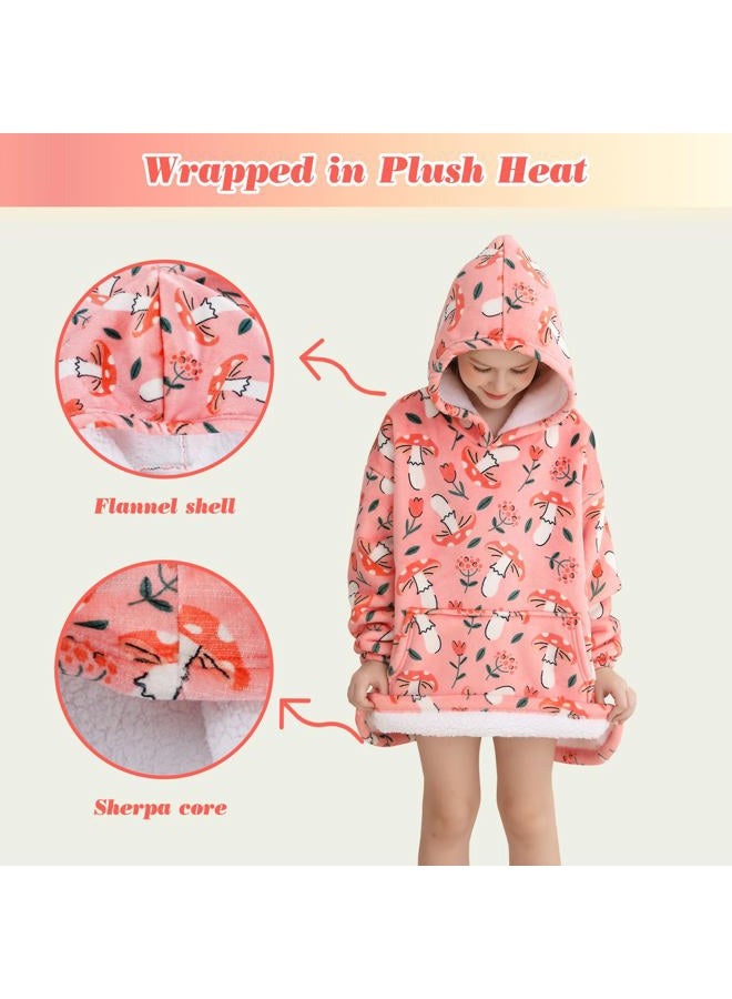 lasoftan Kids Wearable Blanket, Toddler Sherpa Sweatershirt Hoodie with Front Pocket Comfy Warm Hugs, Pink Mushroom & Flower, 2-6 years - Image 3
