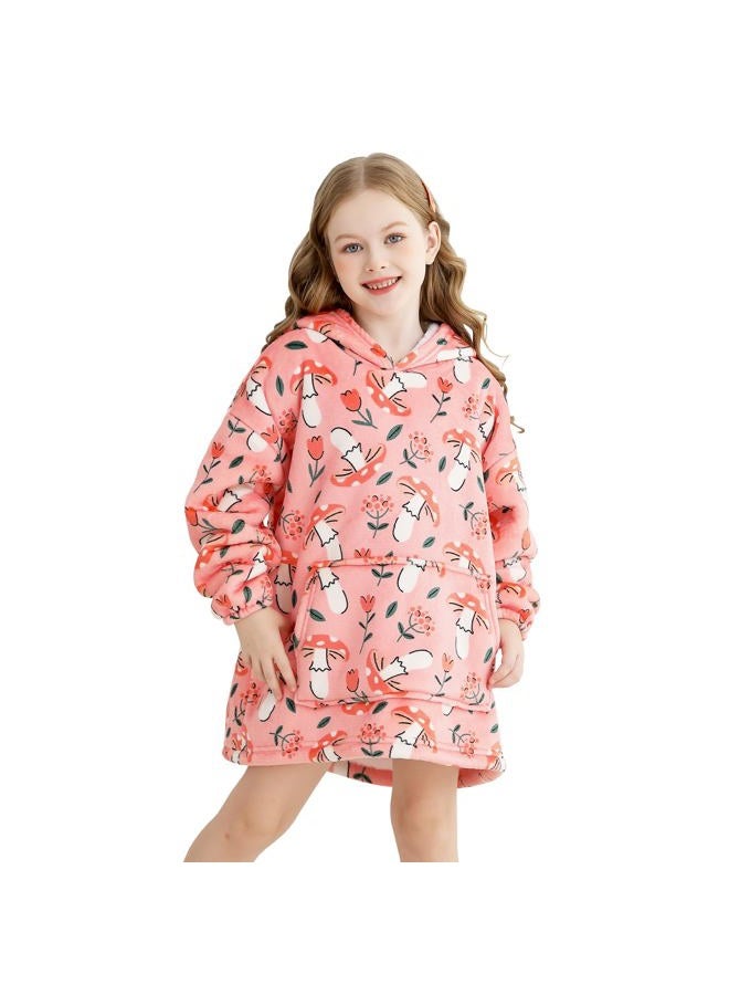 lasoftan Kids Wearable Blanket, Toddler Sherpa Sweatershirt Hoodie with Front Pocket Comfy Warm Hugs, Pink Mushroom & Flower, 2-6 years - Image 1