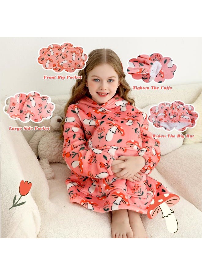 lasoftan Kids Wearable Blanket, Toddler Sherpa Sweatershirt Hoodie with Front Pocket Comfy Warm Hugs, Pink Mushroom & Flower, 2-6 years - Image 4
