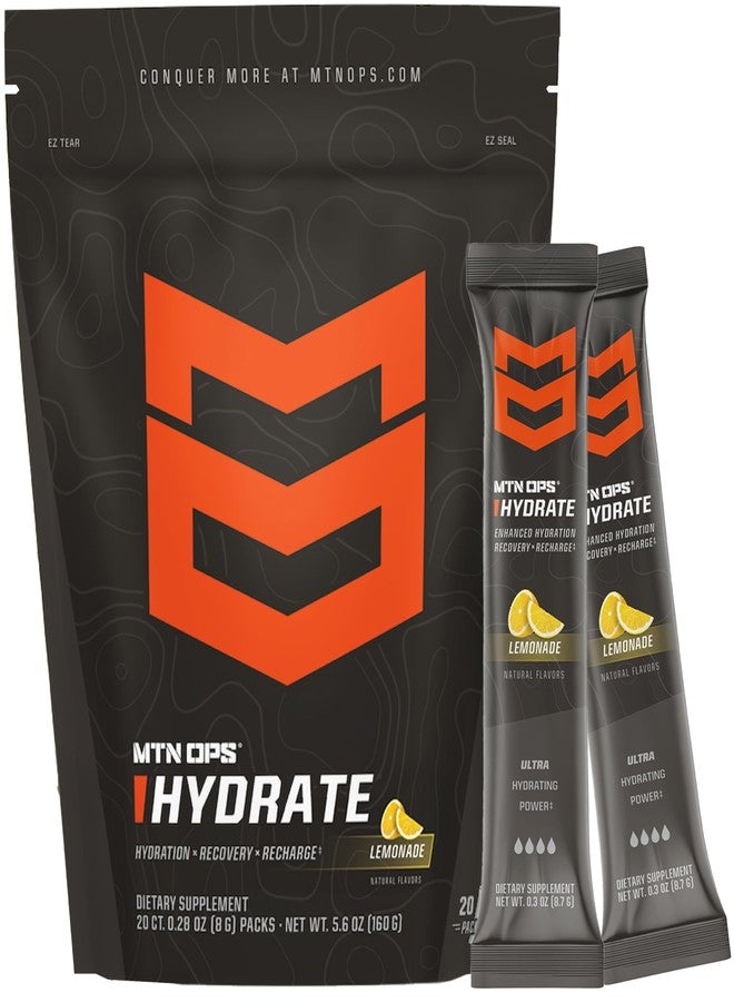 MTN OPS Hydrate Electrolytes Powder Drink Mix, 20 Single Serving On-The-Go Electrolyte Packs with Over 1000mg of Electrolytes per Serving, Lemonade - Image 1