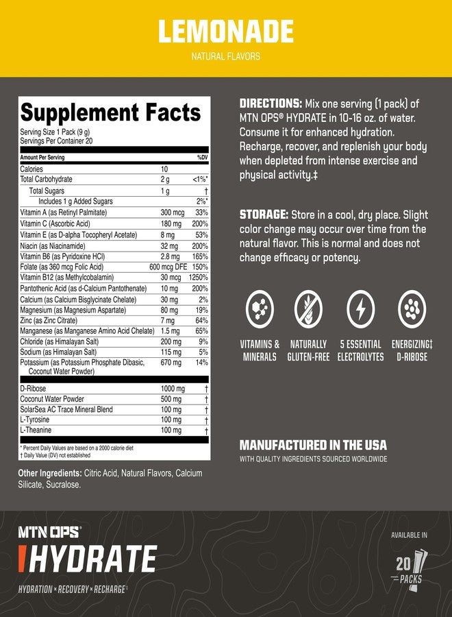 MTN OPS Hydrate Electrolytes Powder Drink Mix, 20 Single Serving On-The-Go Electrolyte Packs with Over 1000mg of Electrolytes per Serving, Lemonade - Image 3