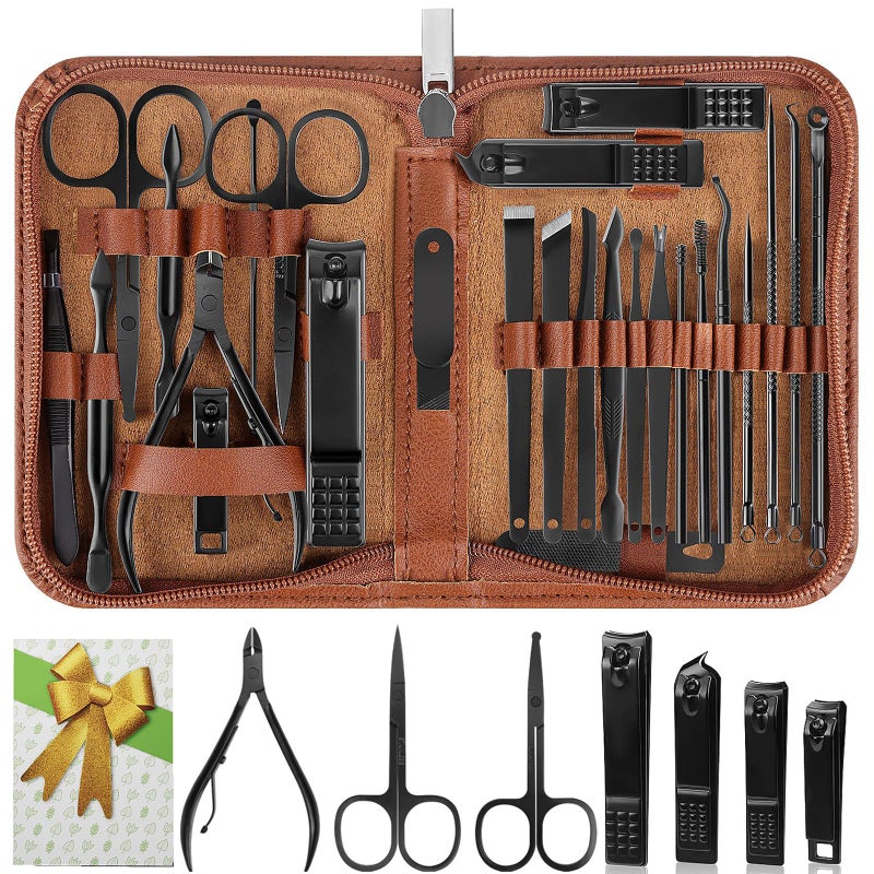 LUCK AROUND Manicure Set, Professional Nail Clippers Pedicure Kit 26 Pieces Nail Care Tools for Travel & Grooming (Brown) - Image 1