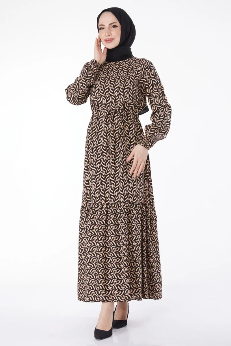 Tofisa Plain Crew Neck Women's Mink Patterned Dress - 25078