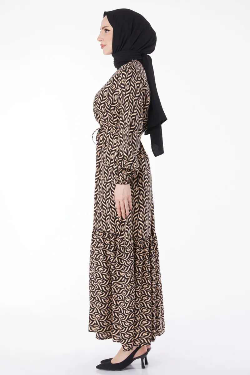 Tofisa Plain Crew Neck Women's Mink Patterned Dress - 25078