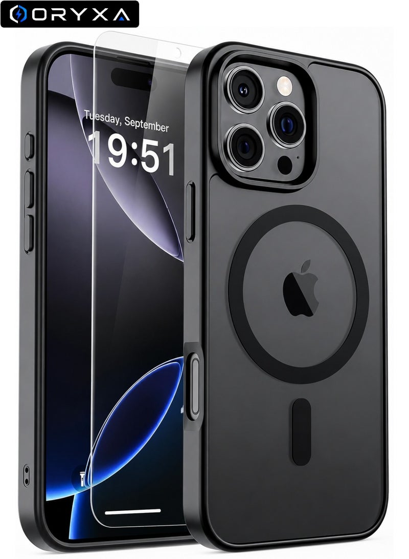 ORYXA iPhone 16 Pro Max Case, 2 IN 1 Magnetic Phone Cover + Screen Protector, For iPhone 16 Pro Max, Compatible with MagSafe, Translucent Matte Shockproof Cover, Slim Full Protection, Black - Image 1