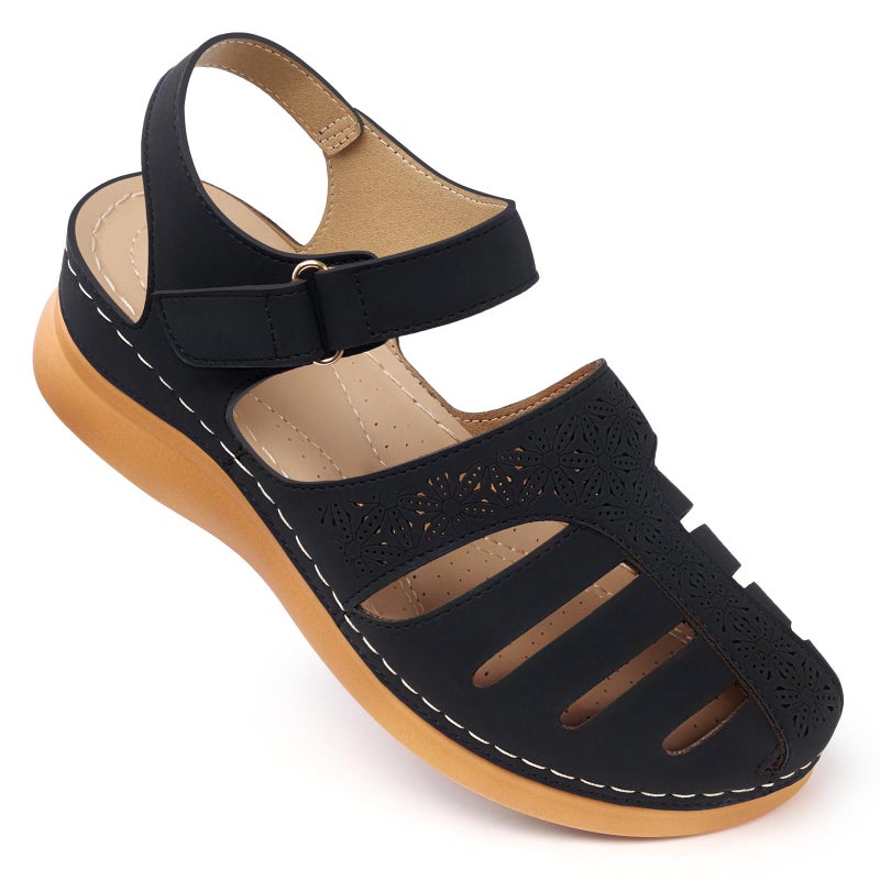 SHIBEVER Closed Toe Sandals for Women: Wedge Black Dressy Summer Size 8 Comfortable Sandal Casual Fisherman Walking Comfy Sandals - Image 1