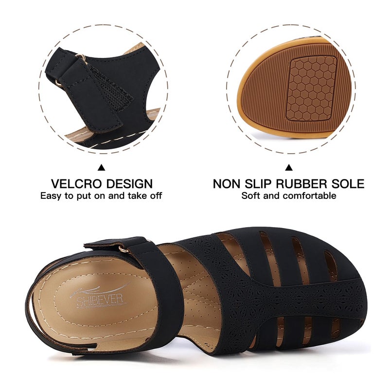 SHIBEVER Closed Toe Sandals for Women: Wedge Black Dressy Summer Size 8 Comfortable Sandal Casual Fisherman Walking Comfy Sandals - Image 5