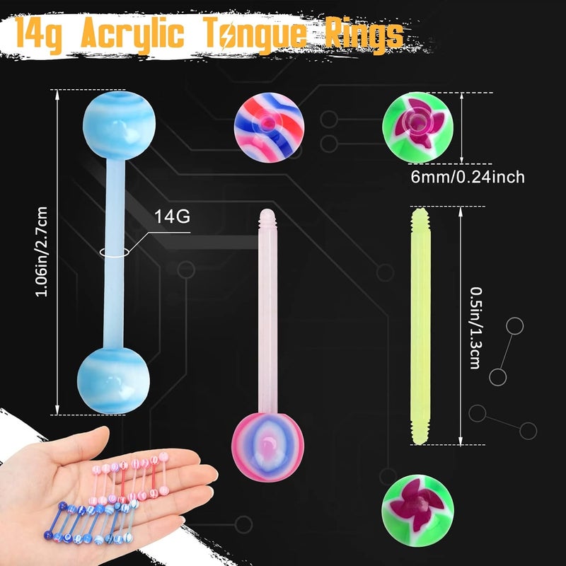 CrazyPiercing 100Pcs 14G Acrylic Tongue Rings, Multi Color Assortment Flexible Tongue Rings Barbells Mix Piercing - Image 2