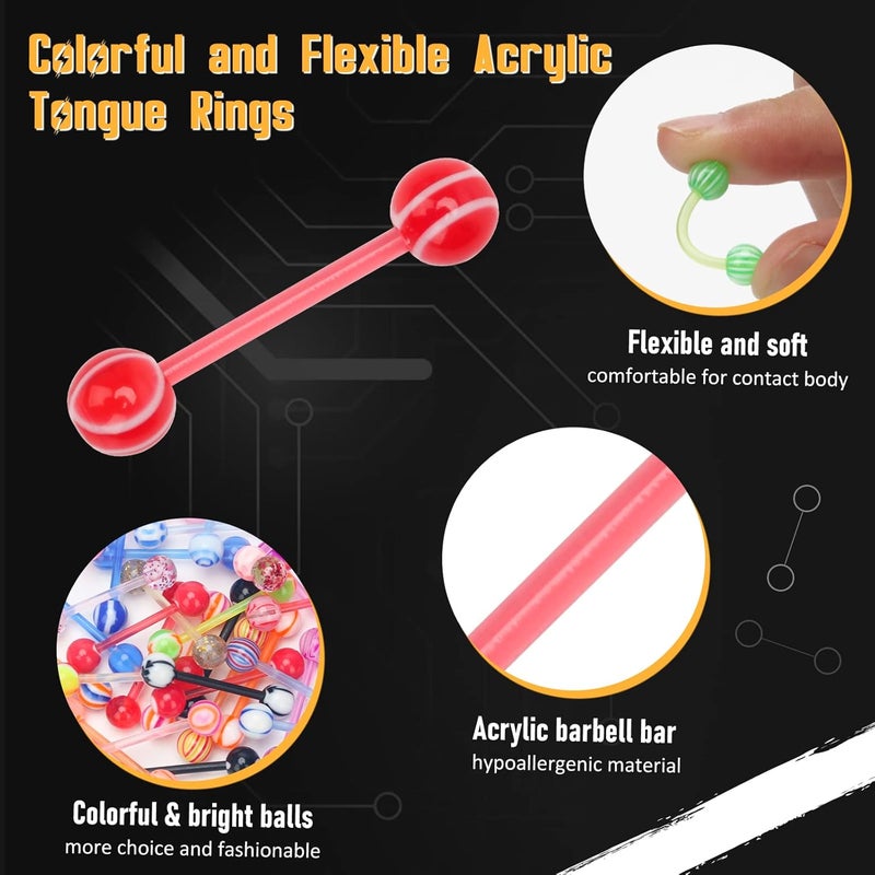 CrazyPiercing 100Pcs 14G Acrylic Tongue Rings, Multi Color Assortment Flexible Tongue Rings Barbells Mix Piercing - Image 1