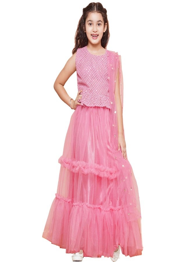 AJ DEZINES Kids Ethnic Wear Chiffli Chikankari Printed Pink Lehenga Ghagra Choli Set For Girls (G-LH08-PINK-26) - Image 1