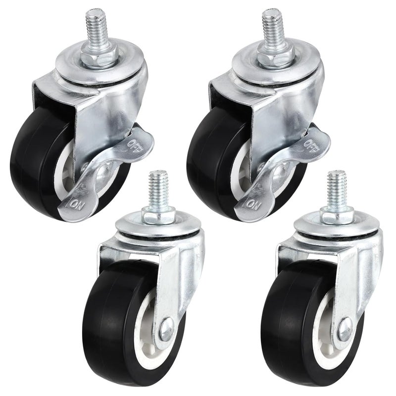 4Pcs 2 Inch Black Threaded Stem Swivel Caster Wheels With 2 Brakes Heavy Duty - Image 2