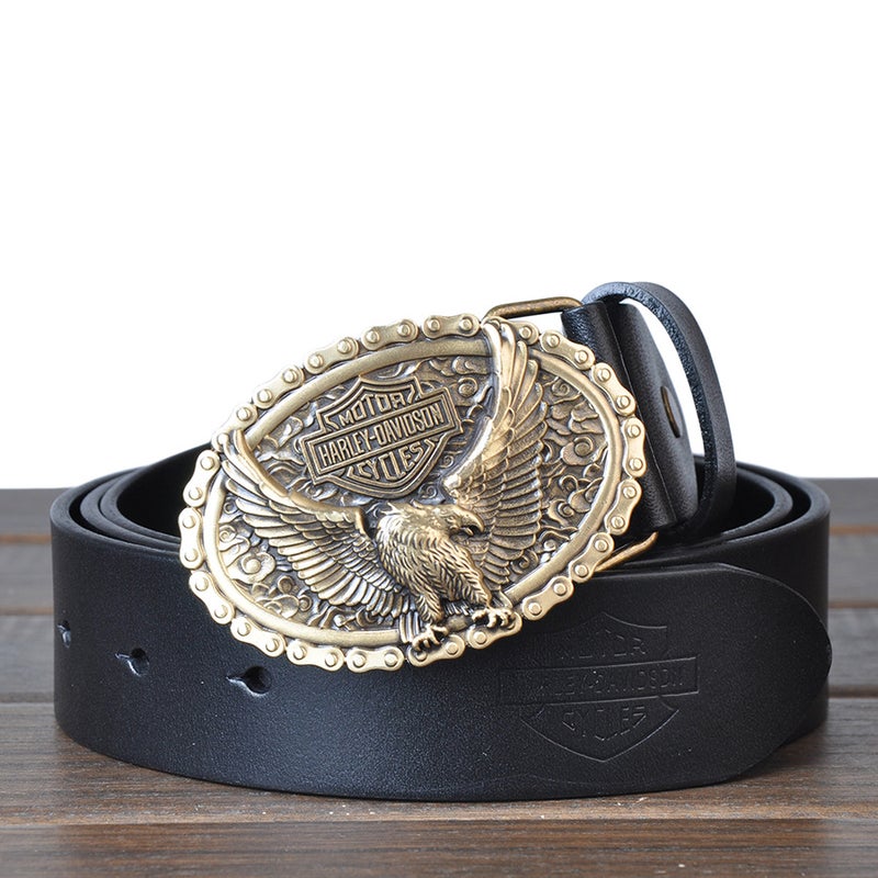 Factory Direct Sales Pure Copper Plate Buckle Men's Genuine Leather Belt Wholesale First Layer Cowhide Hip-Hop Style Export Motorcycle Belt - Image 1