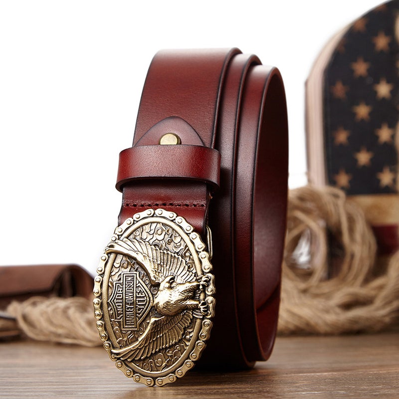 Factory Direct Sales Pure Copper Plate Buckle Men's Genuine Leather Belt Wholesale First Layer Cowhide Hip-Hop Style Export Motorcycle Belt - Image 4