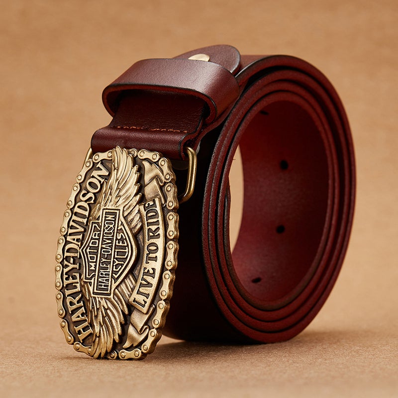 Factory Direct Sales Pure Copper Plate Buckle Men's Genuine Leather Belt Wholesale First Layer Cowhide Hip-Hop Style Export Motorcycle Belt - Image 2