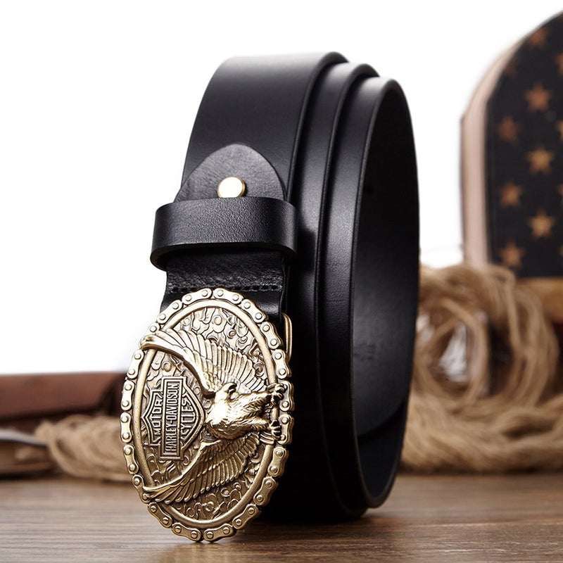 Factory Direct Sales Pure Copper Plate Buckle Men's Genuine Leather Belt Wholesale First Layer Cowhide Hip-Hop Style Export Motorcycle Belt - Image 5