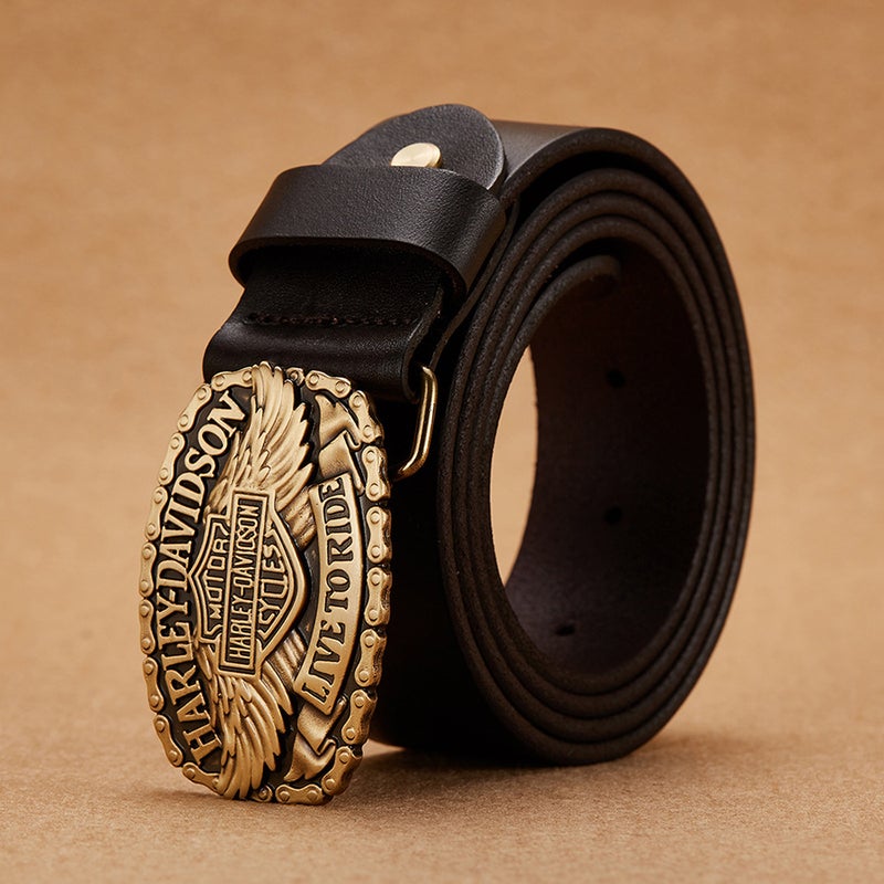 Factory Direct Sales Pure Copper Plate Buckle Men's Genuine Leather Belt Wholesale First Layer Cowhide Hip-Hop Style Export Motorcycle Belt - Image 3