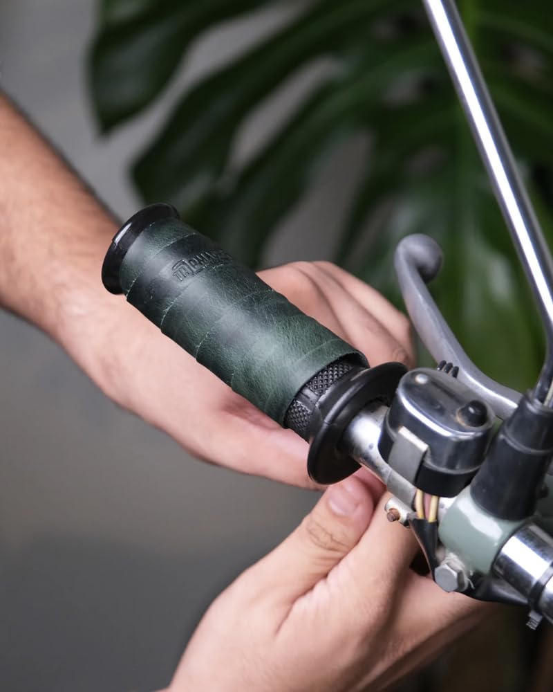 Trip Machine Company Genuine Leather Handlebar Grip Wraps for Royal Enfield, Harley, Jawa, Triumph, Bajaj, TVS, Honda | Premium Handle Grip Covers | Universal Fit Bike Throttle Wrap Accessories - Forest Green - Image 3