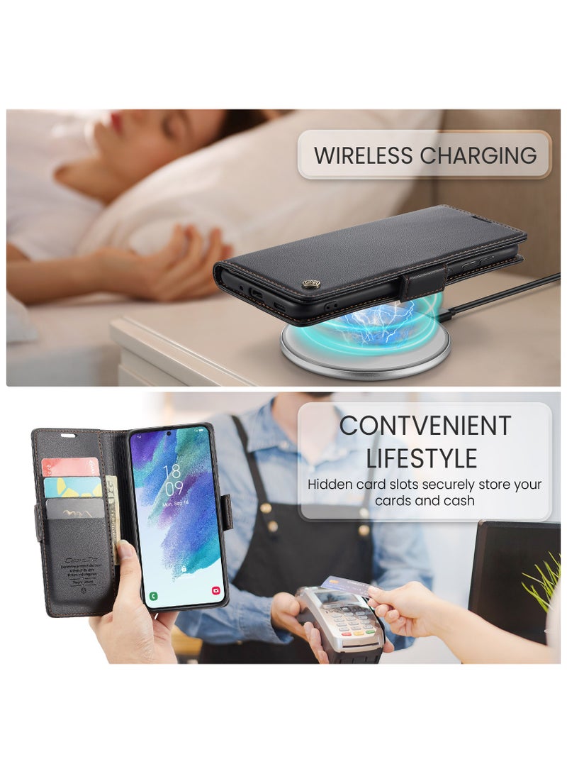 Samsung Galaxy S21 FE 5G Flip Wallet Case with RFID Blocking, Card Holder, and Magnetic Kickstand - Black - Image 4