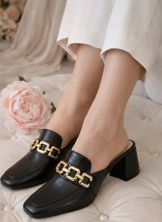 Sandal Stories Textured PU Block Mules with Gold Chain Detail