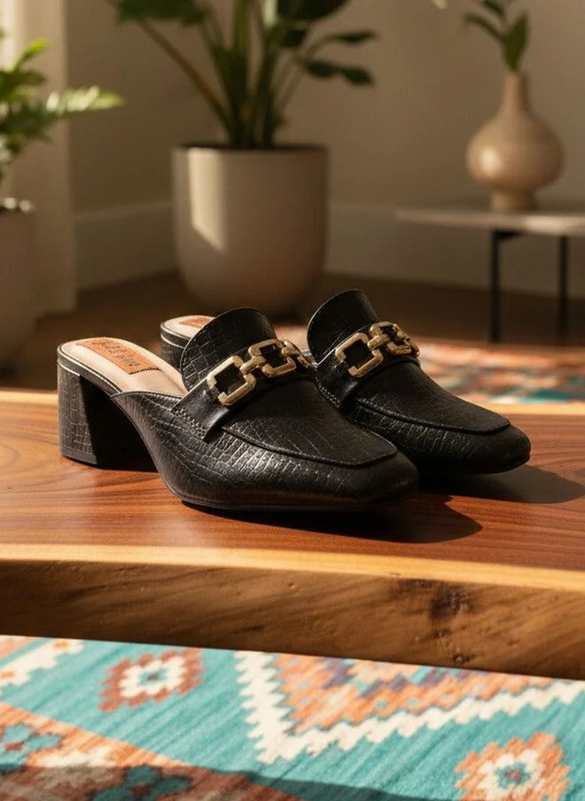 Sandal Stories Textured PU Block Mules with Gold Chain Detail