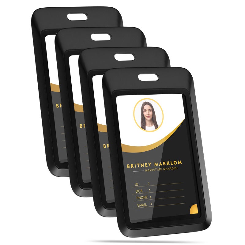 GoorDik 4 Pack Sliding Black ID Badge Holder, Heavy Duty Plastic ID Badge with Clear Window, Vertical Key Card Holder Protector Pouch for Office School ID Cards Proximity Key Cards Drivers Licenses & Passes - Image 1